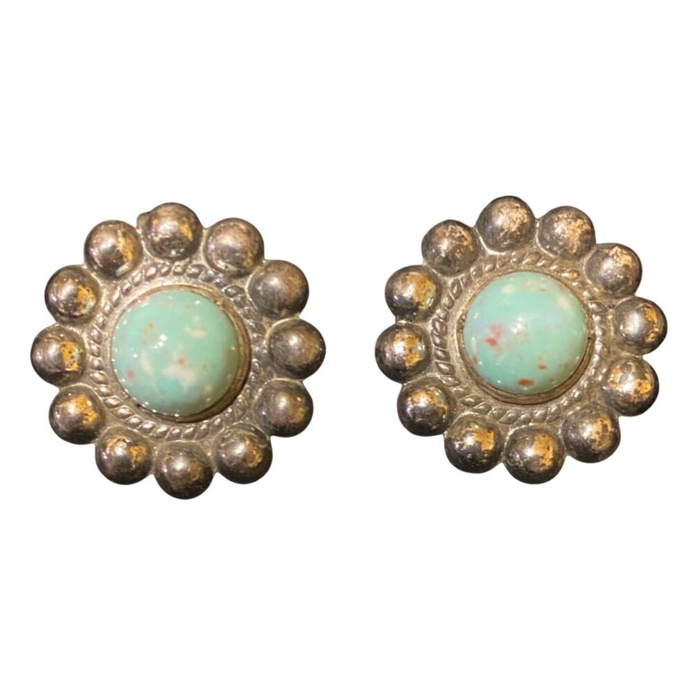 .75"  .75" Vintage Sterling Silver 925 Turquoise Screw-Back Earrings Antique Jew